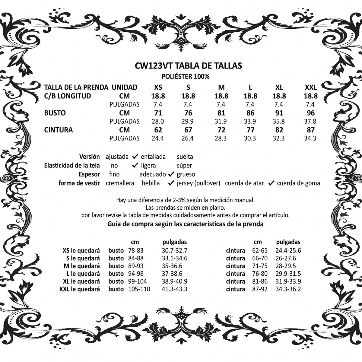 Ficha técnica en español del corsé CW123VT