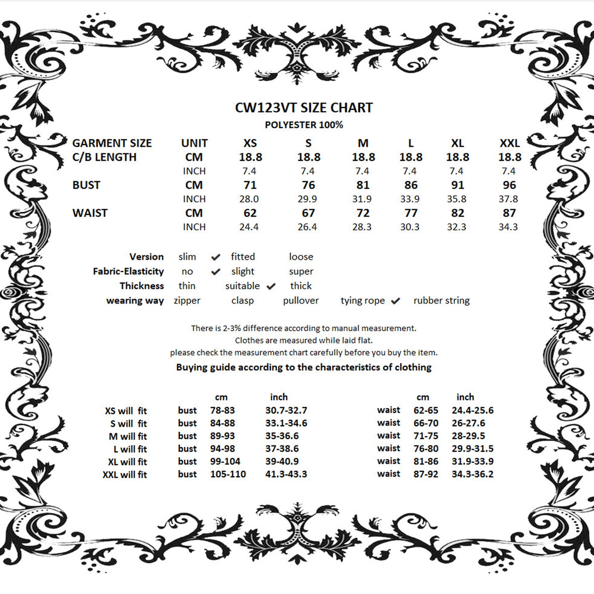 Tabla de tallas del corsé CW123VT