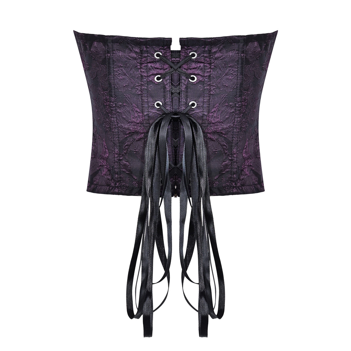 Corsé underbust morado brocado, vista plana trasera con cordón