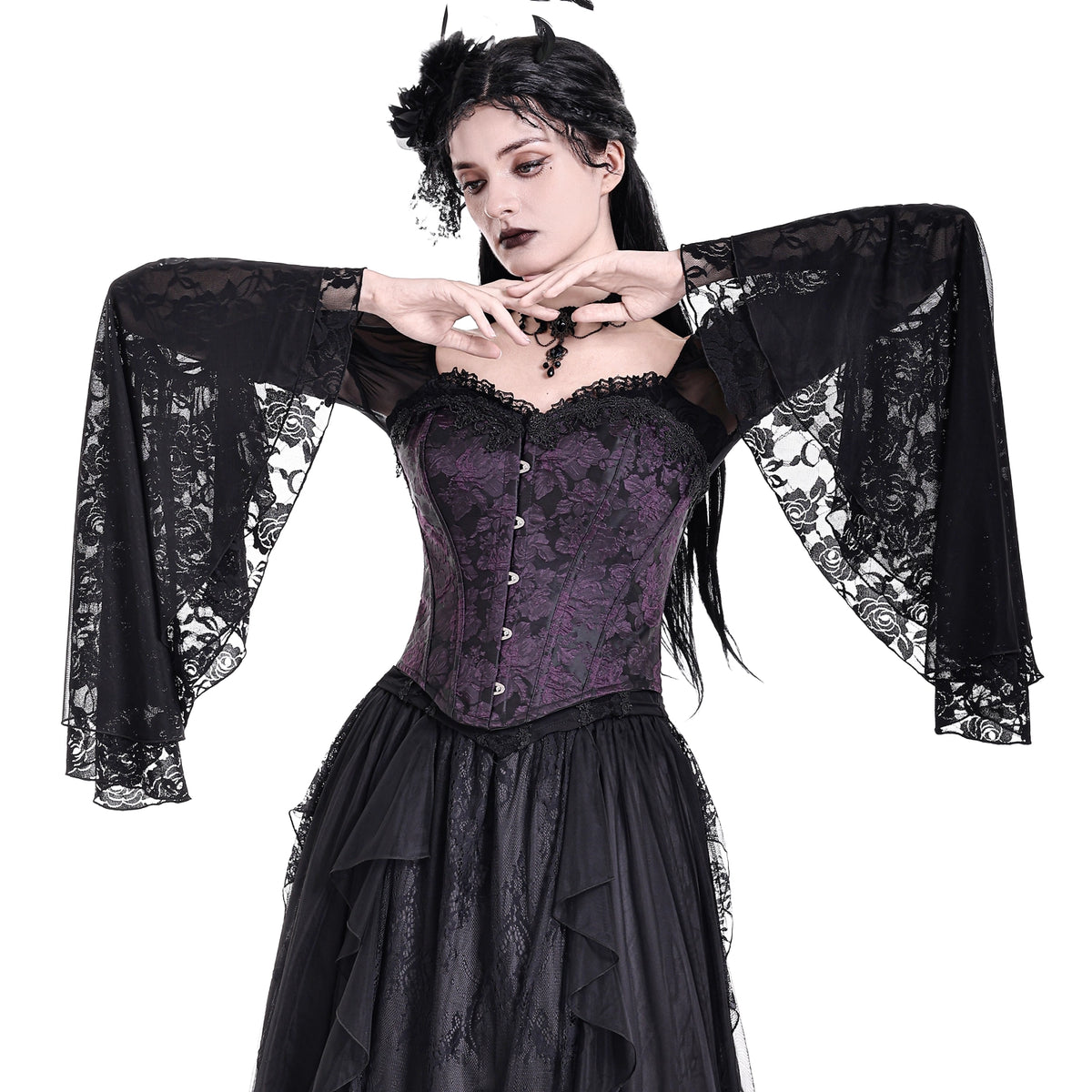 Corsé underbust morado brocado victoriano, detalle cierre