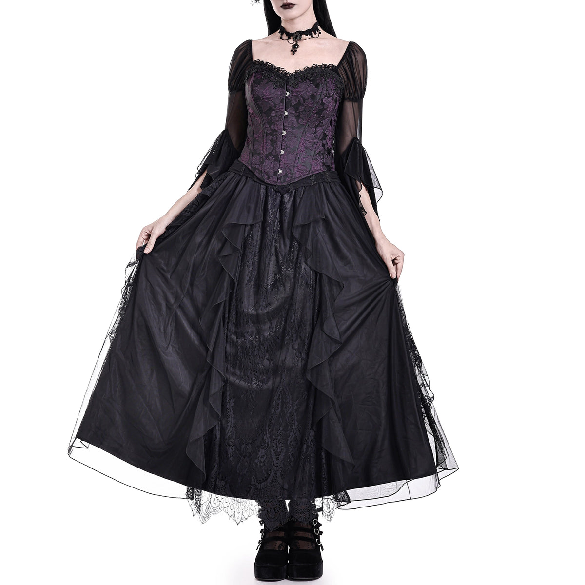 Corsé underbust morado brocado, vista plana frontal