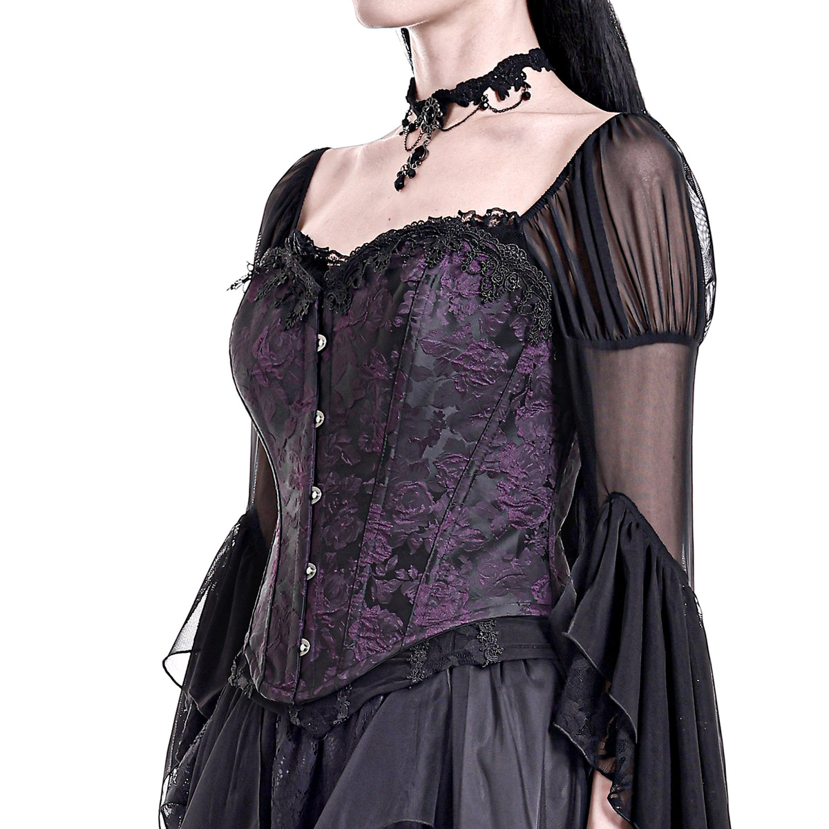 Corsé underbust morado brocado victoriano, detalle bordado