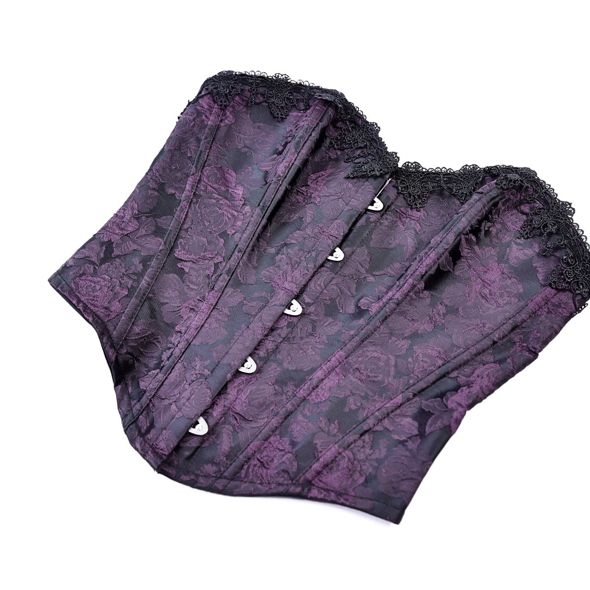 Corsé underbust morado brocado puesto, vista frontal