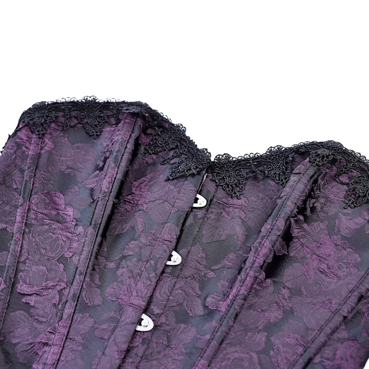 Corsé underbust morado brocado puesto, combinado con falda de tul