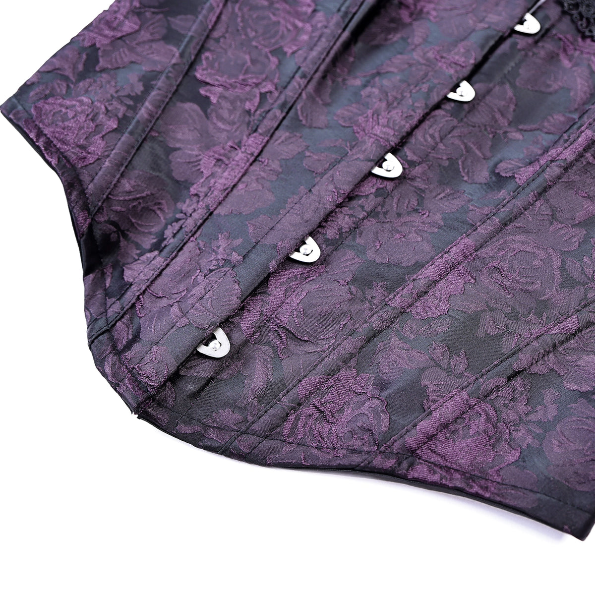 Corsé underbust morado brocado puesto, cuerpo entero