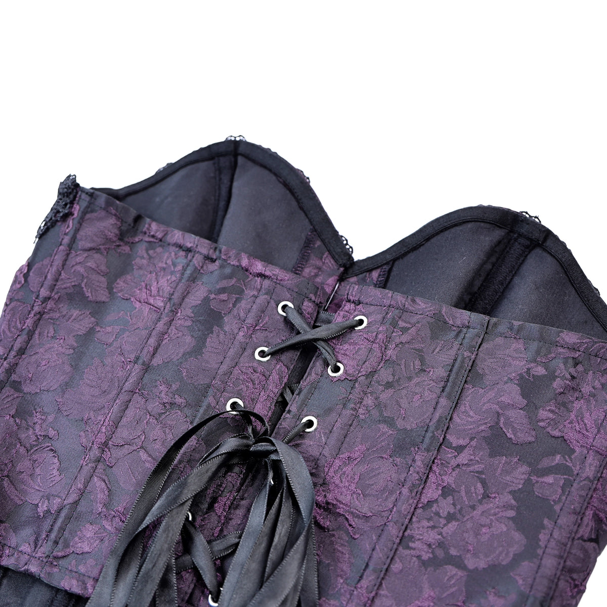 Corsé underbust morado brocado puesto, vista lateral