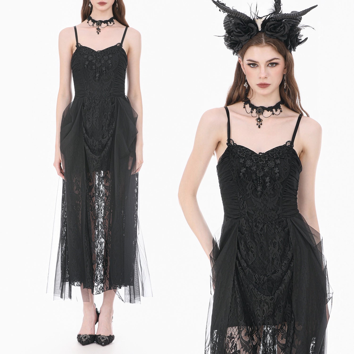 Vestido Gótico Largo de Encaje Barroco y Tul