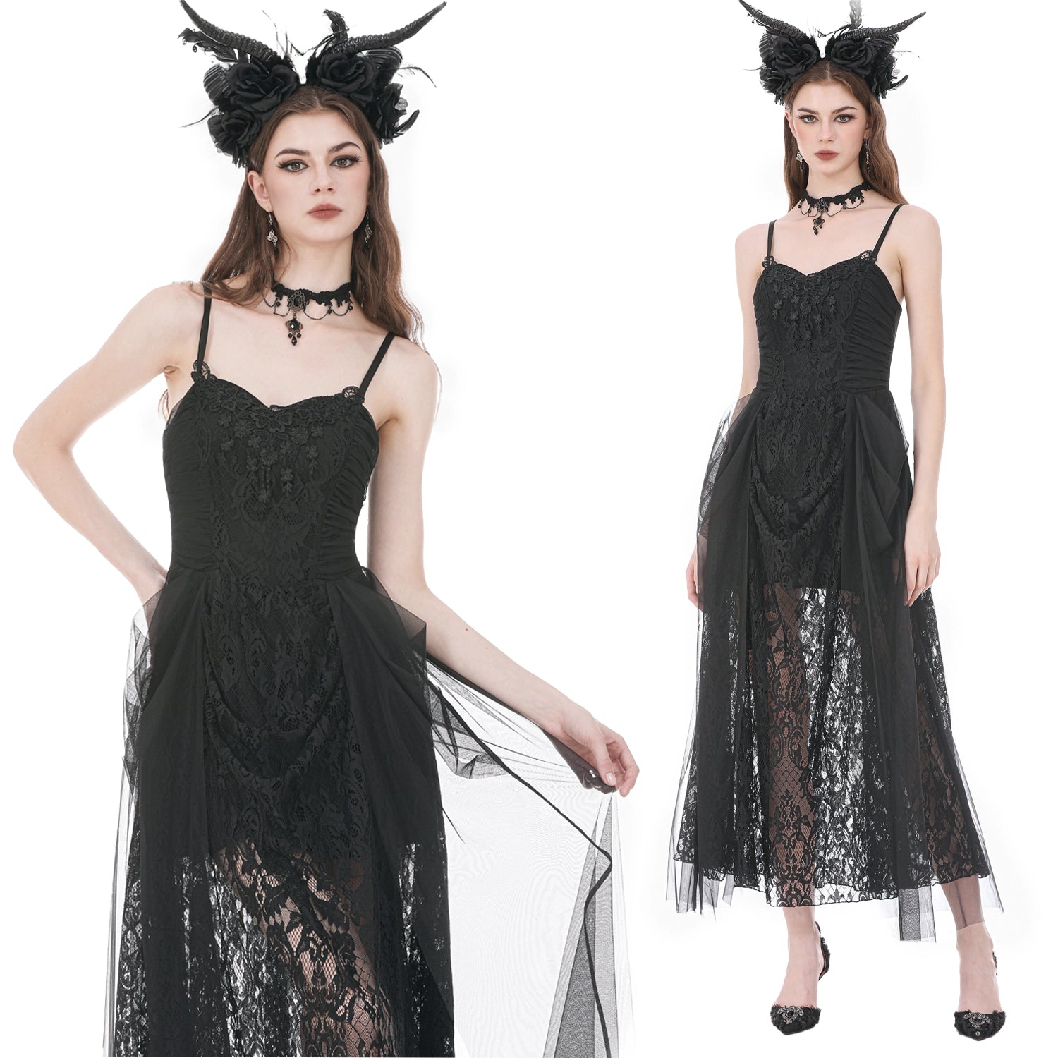 Vestido Gótico Largo de Encaje Barroco y Tul