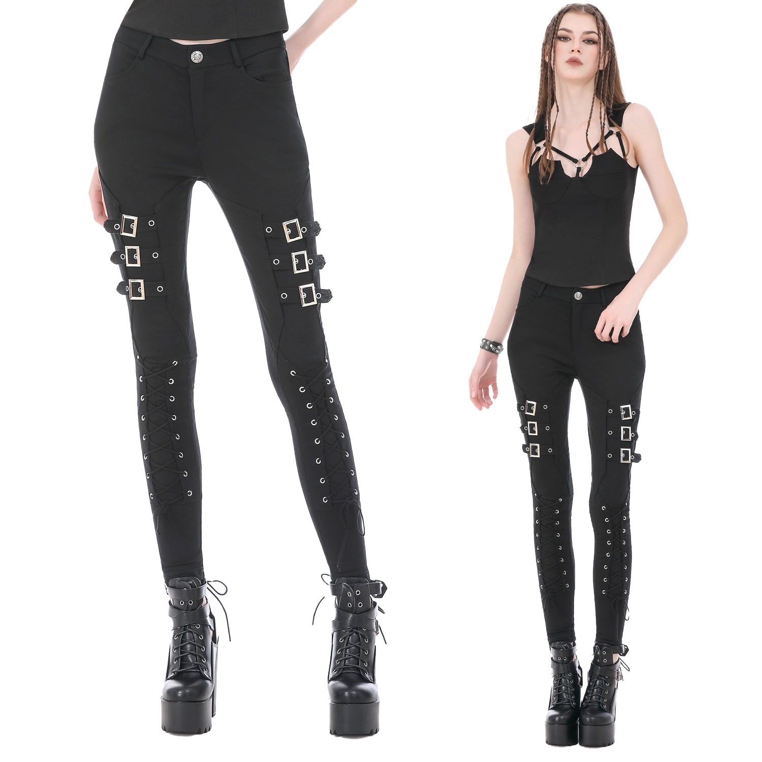 Pantalones Góticos Pitillo con Hebillas y Acordonado