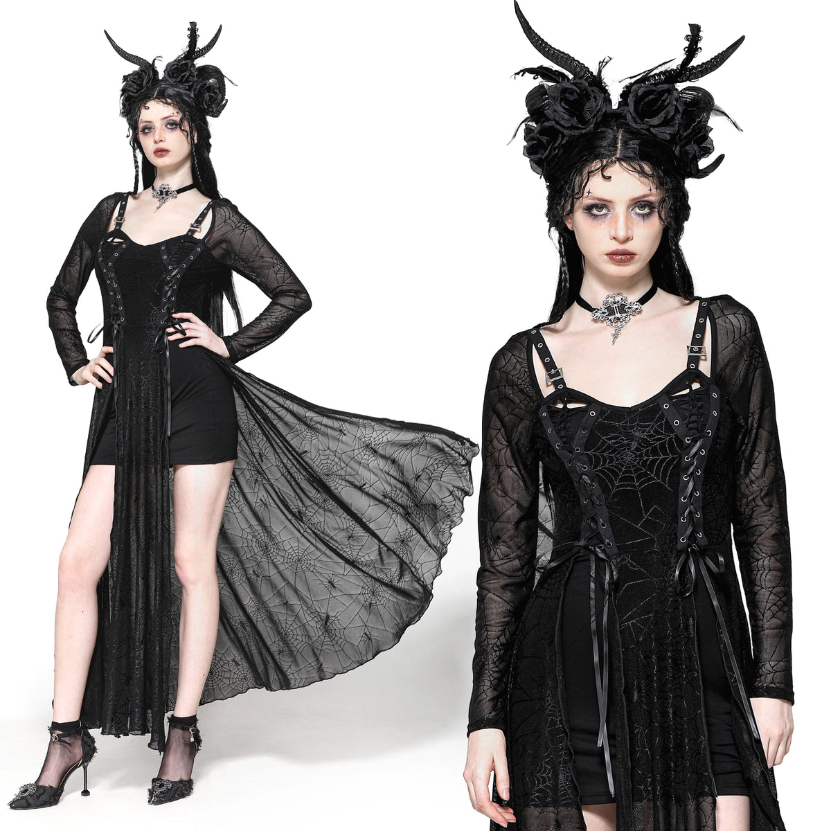 Vestido Gótico Largo Telaraña con Hebillas y Corsé