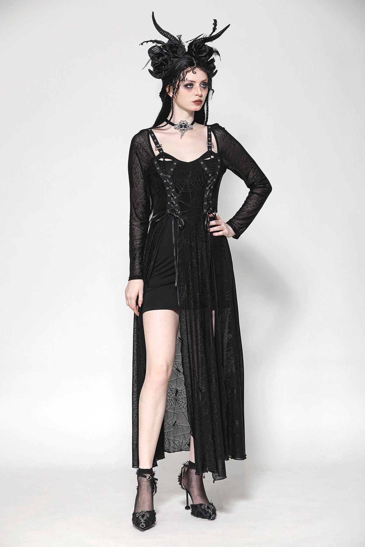 Vestido Gótico Largo Telaraña con Hebillas y Corsé