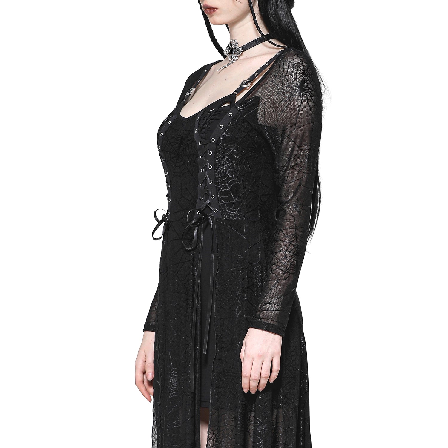 Vestido Gótico Largo Telaraña con Hebillas y Corsé
