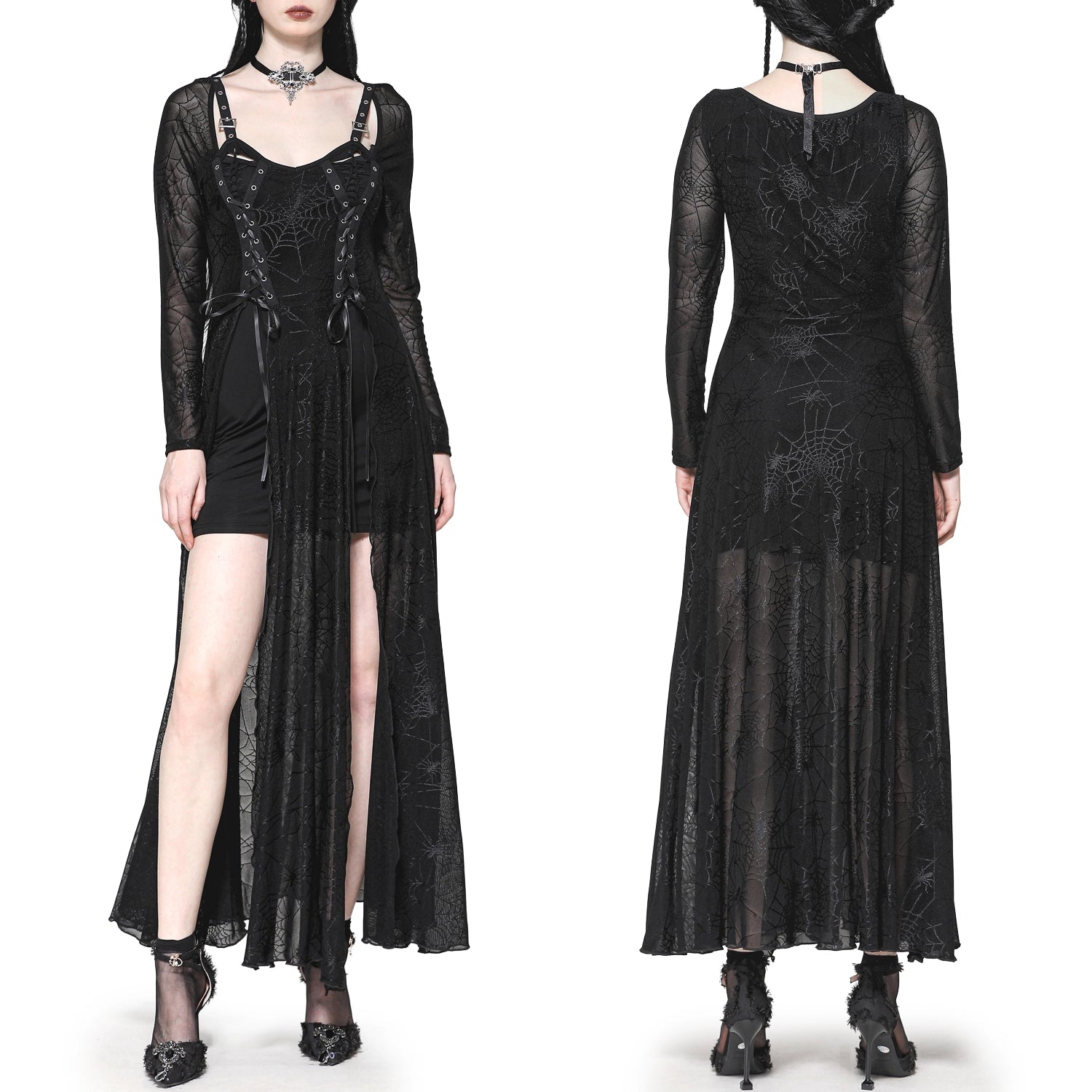 Vestido Gótico Largo Telaraña con Hebillas y Corsé