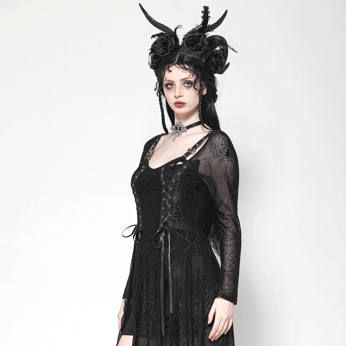 Vestido Gótico Largo Telaraña con Hebillas y Corsé
