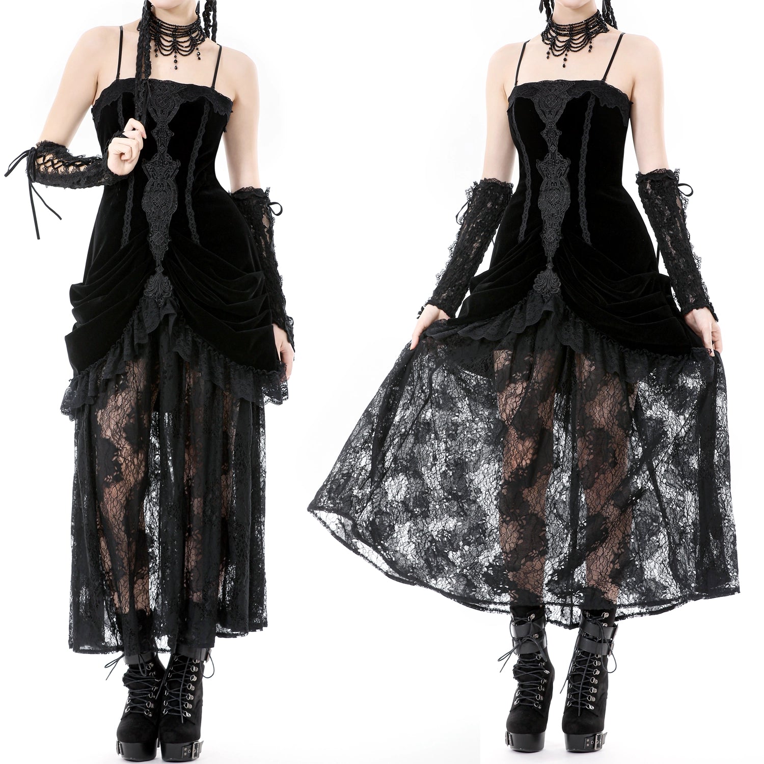 Vestido Largo Gótico Negro Veludo e Renda