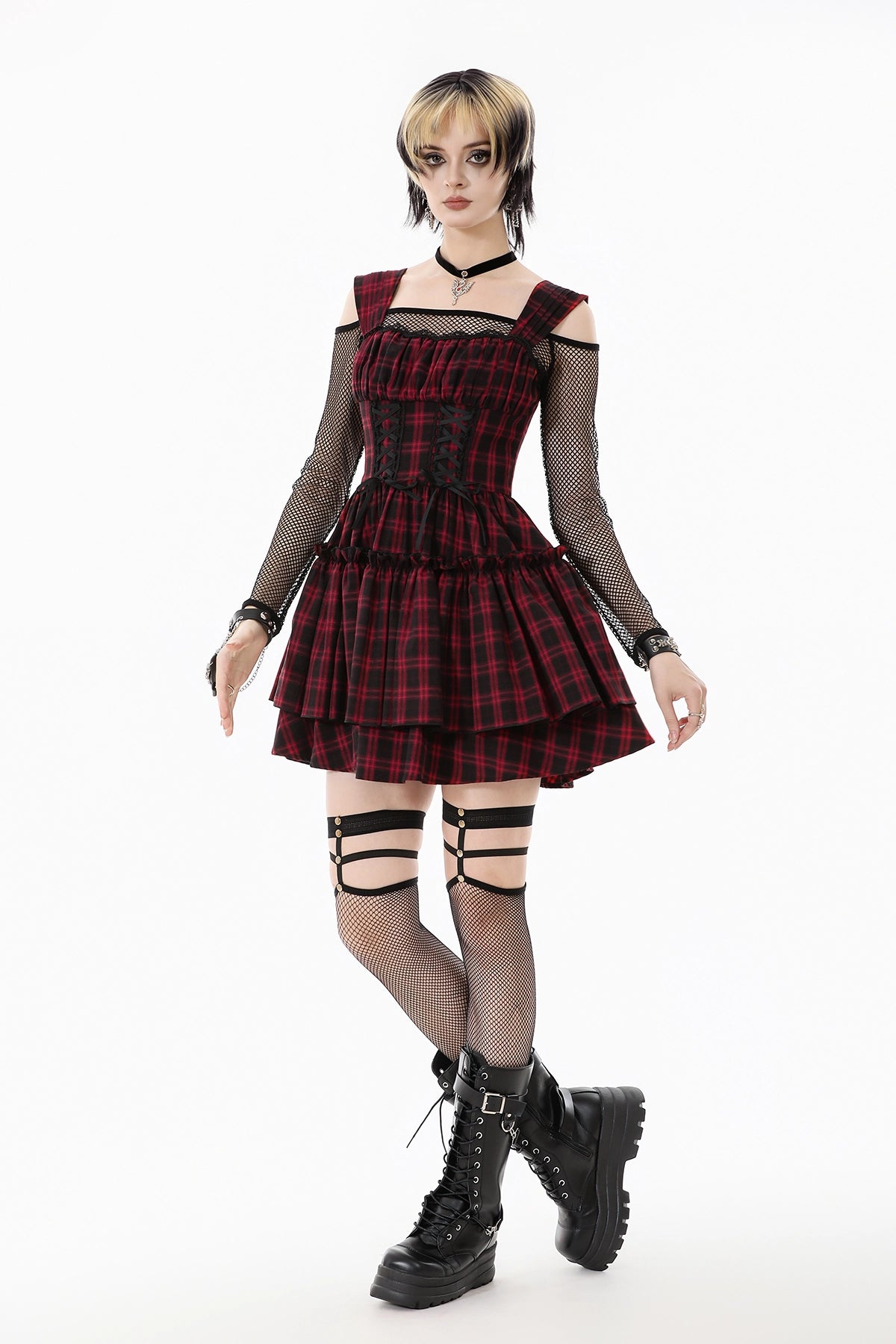 Vestido de Cuadros Tartán Rojo y Doble Corsé