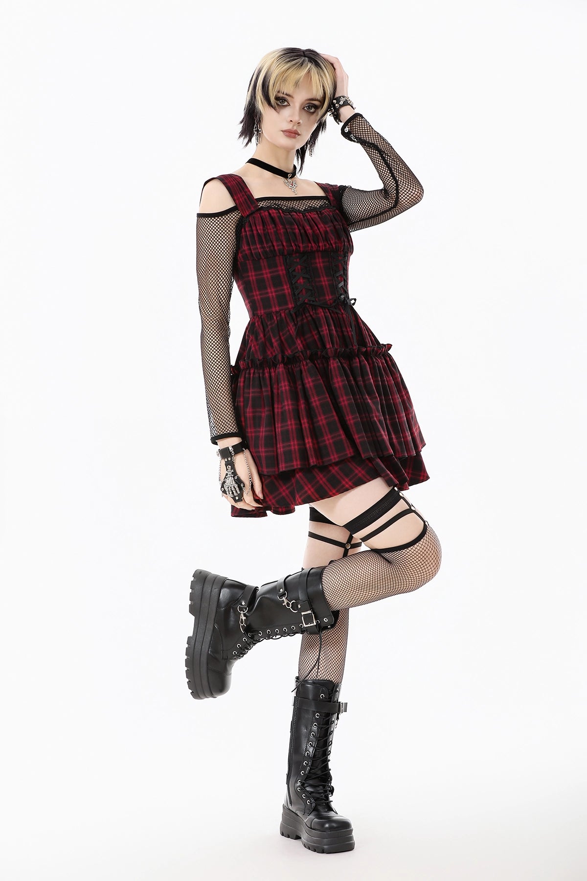 Vestido de Cuadros Tartán Rojo y Doble Corsé