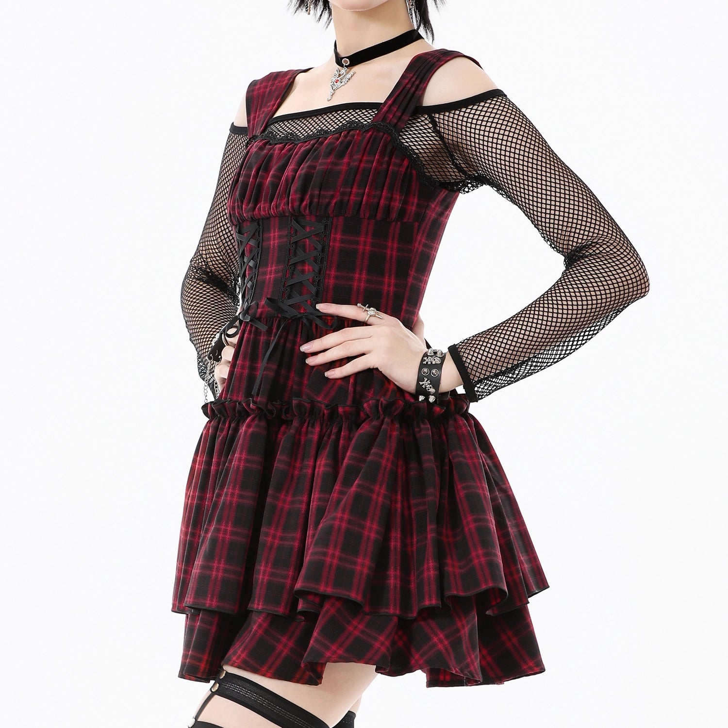 Vestido de Cuadros Tartán Rojo y Doble Corsé