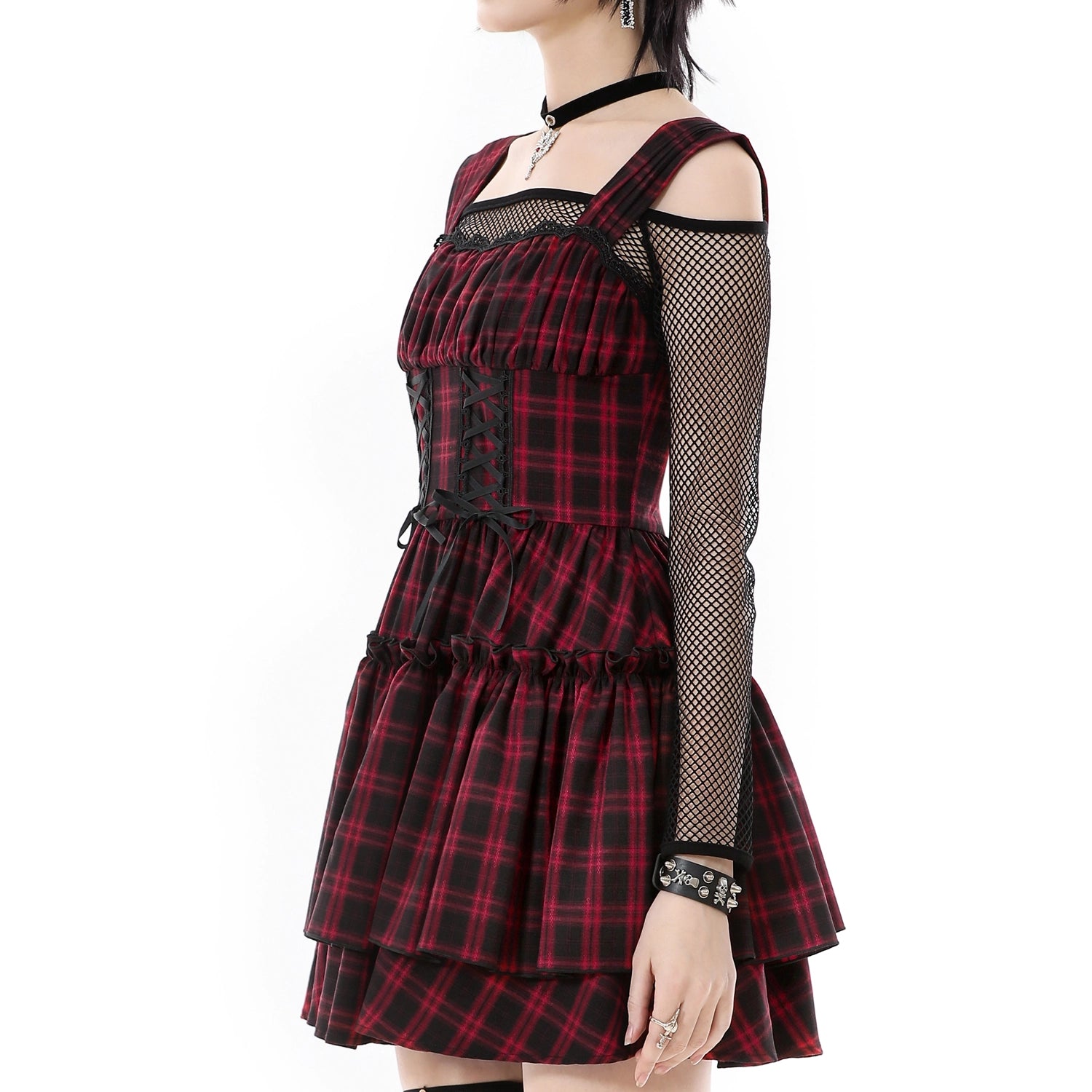 Vestido de Cuadros Tartán Rojo y Doble Corsé