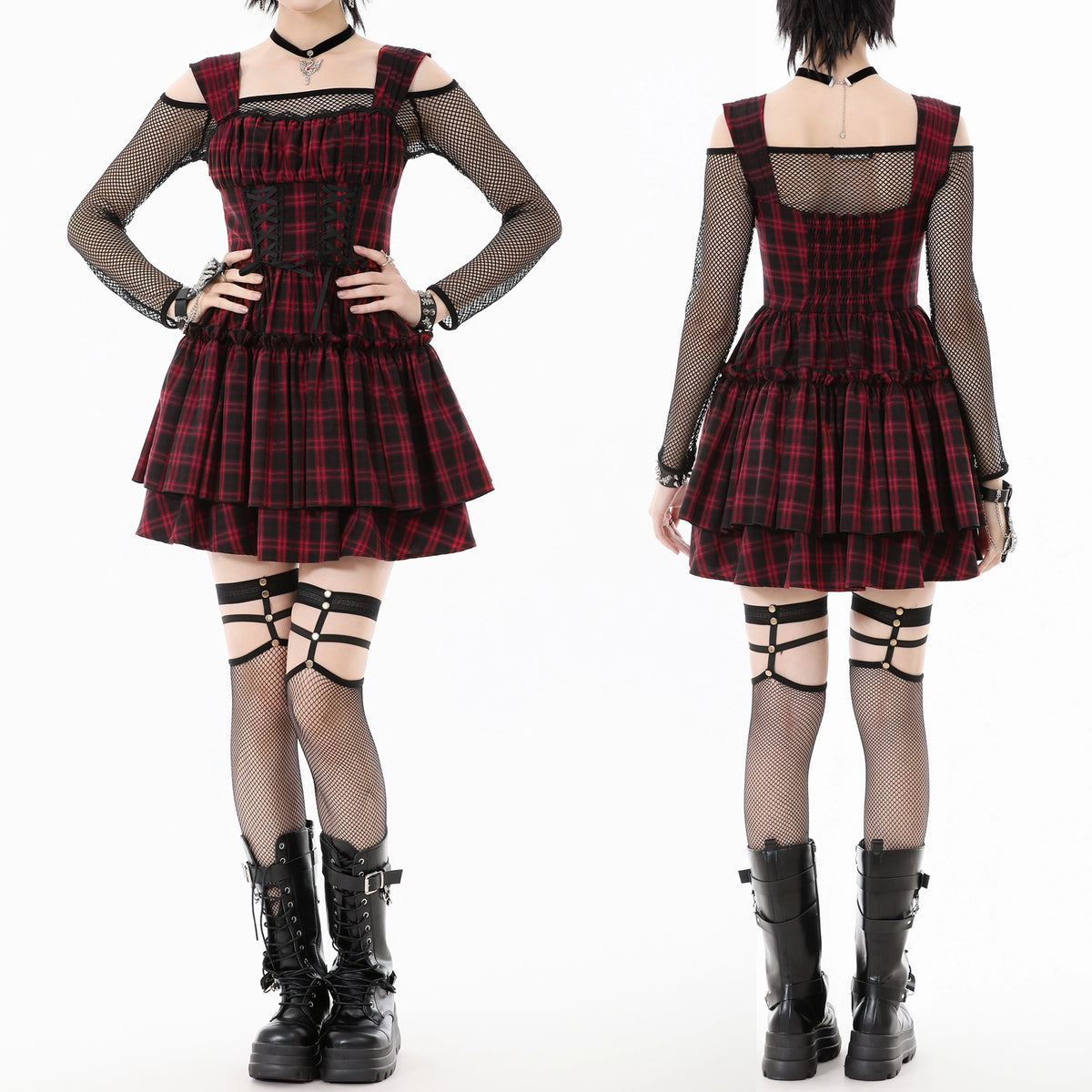 Vestido de Cuadros Tartán Rojo y Doble Corsé