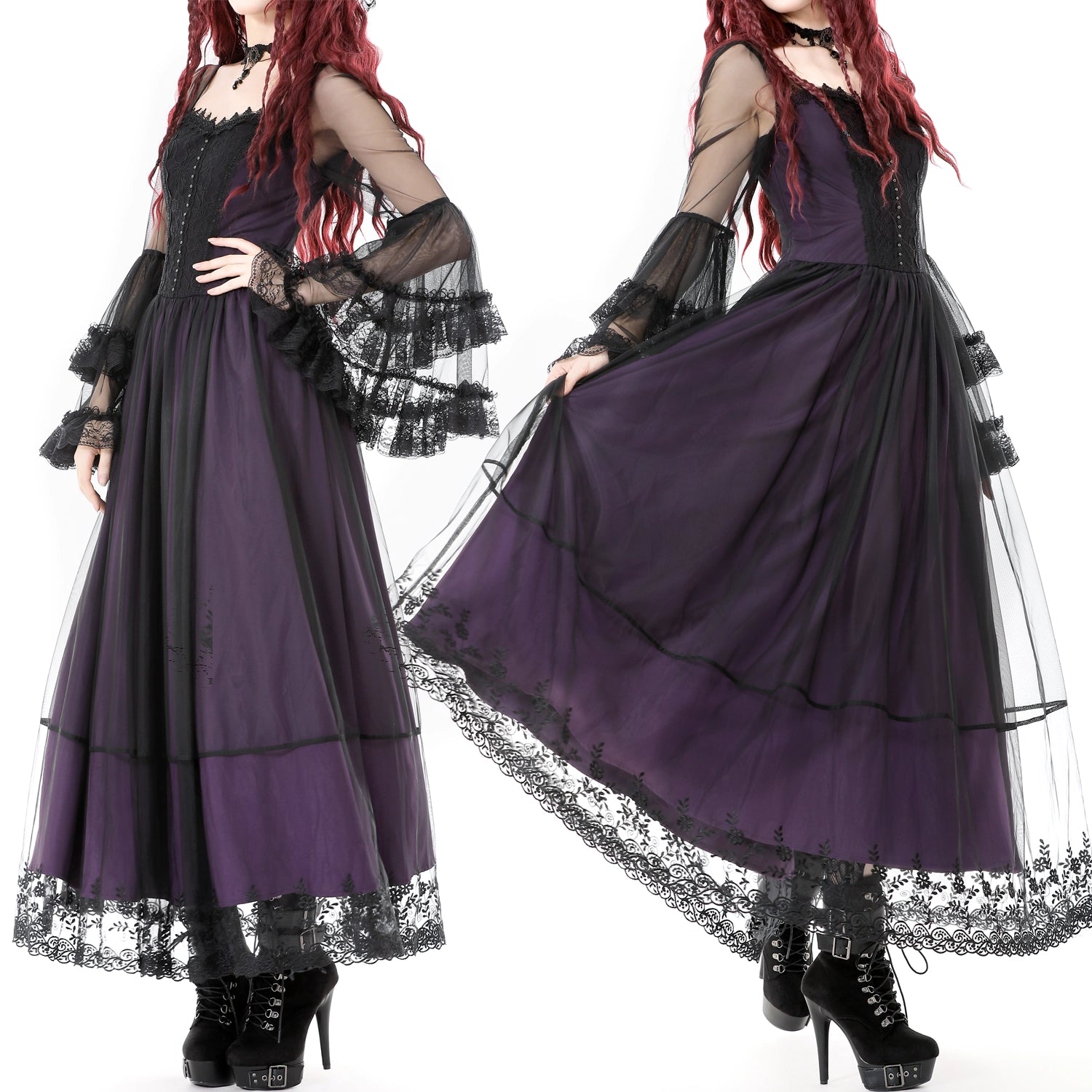 Vestido Largo Gótico Roxo | Mangas de Sino