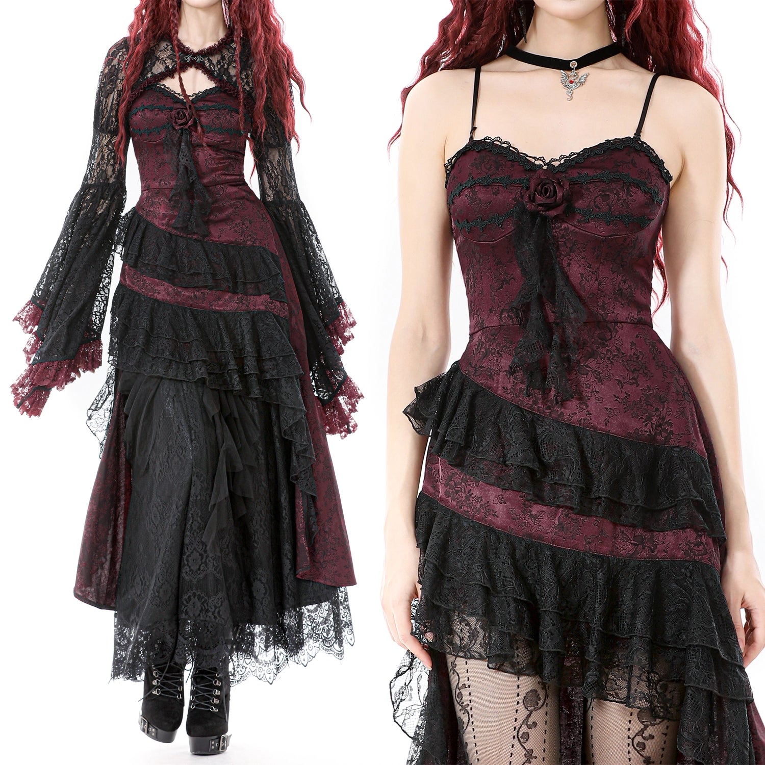 Vestido Largo Bordô Gótico | Folhos Assimétricos