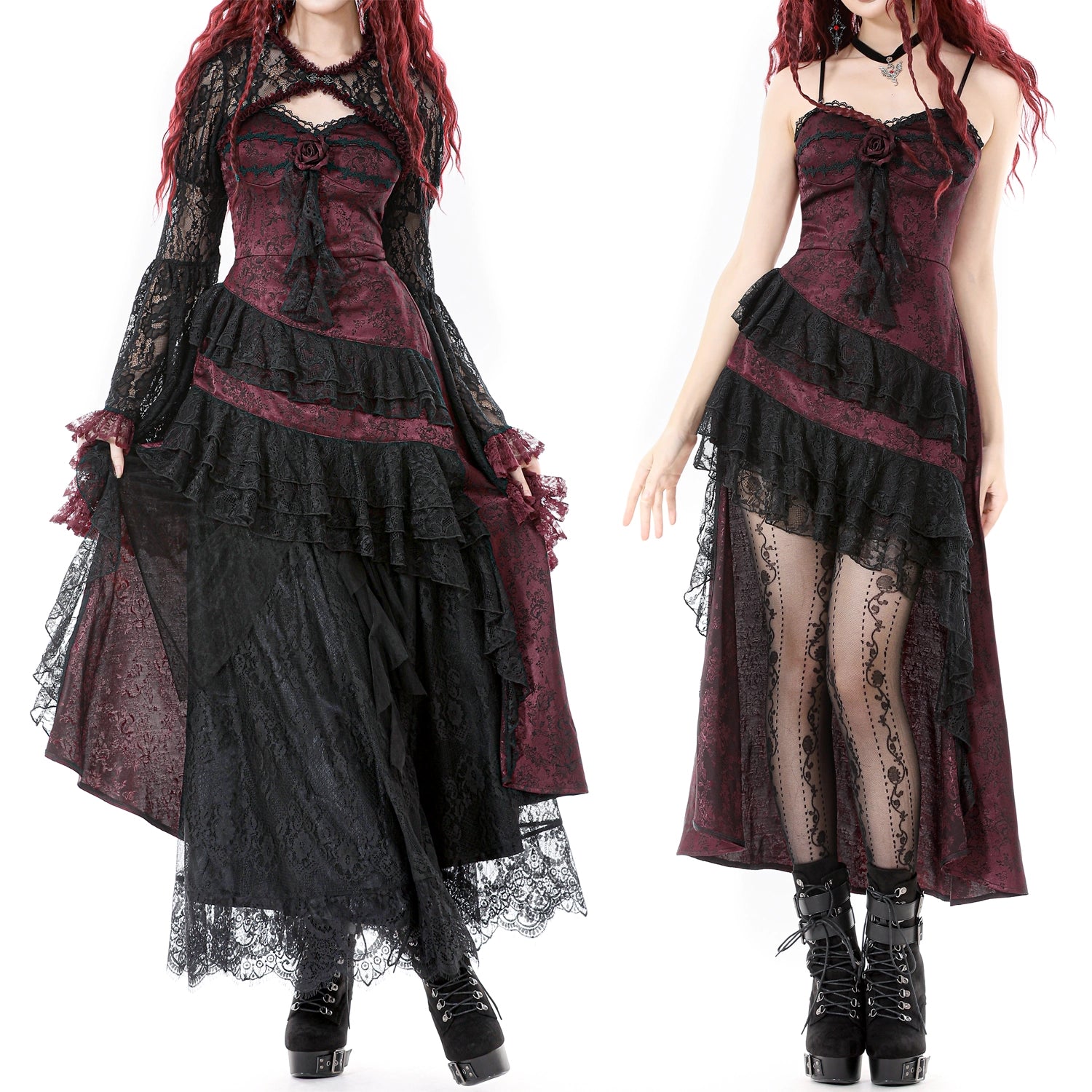 Vestido Largo Bordô Gótico | Folhos Assimétricos