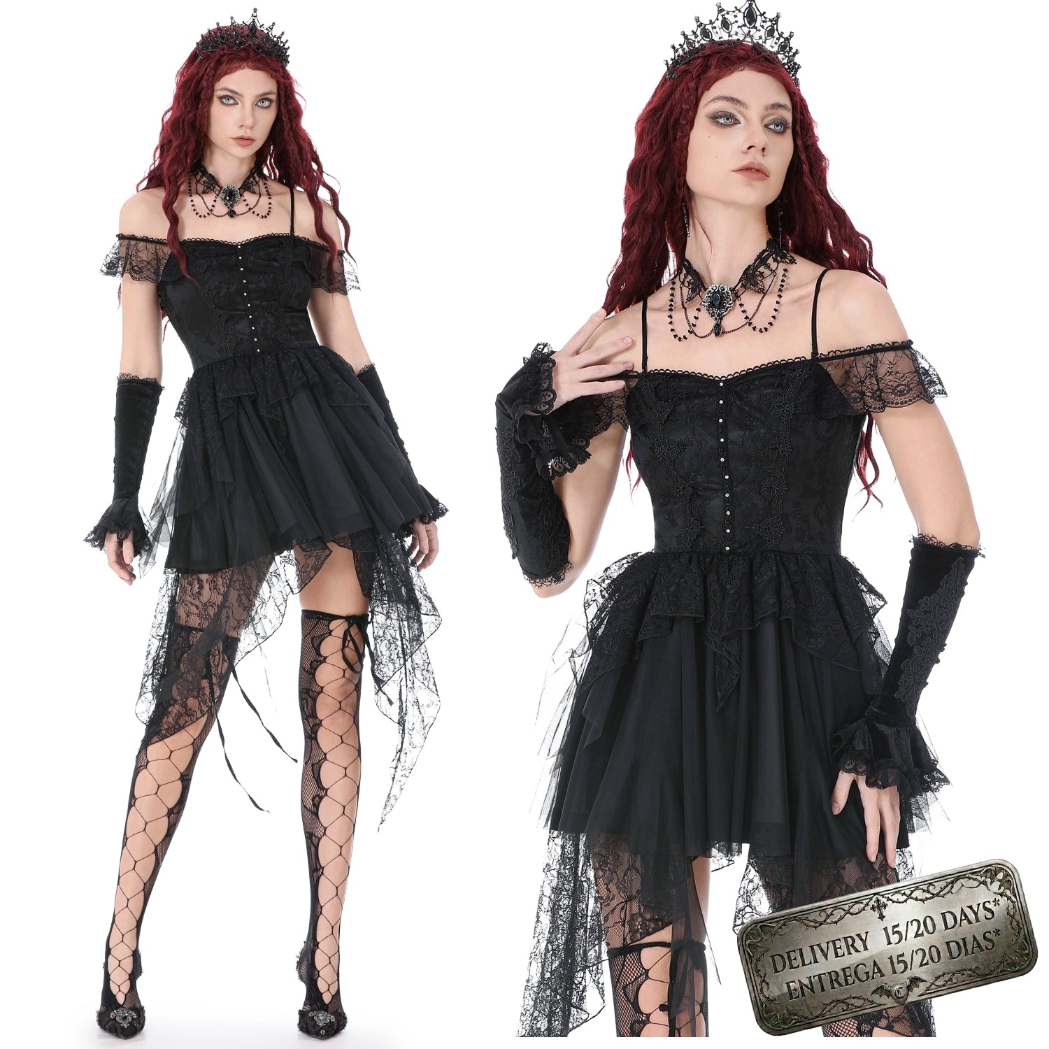 Vestido de Tirantes con Tul y Encaje Asimétrico