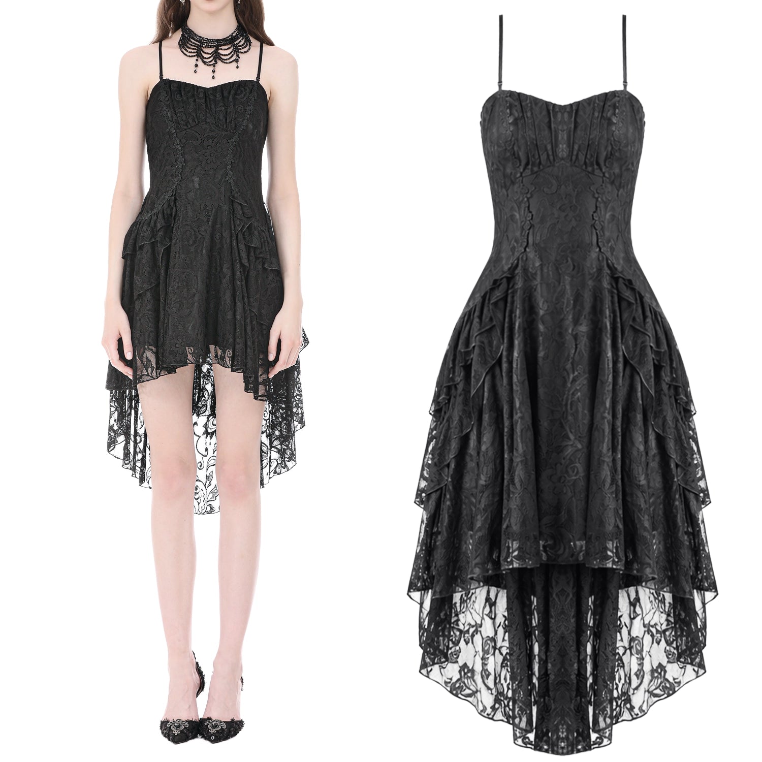Vestido Gótico Asimétrico de Encaje con Espalda Corsé