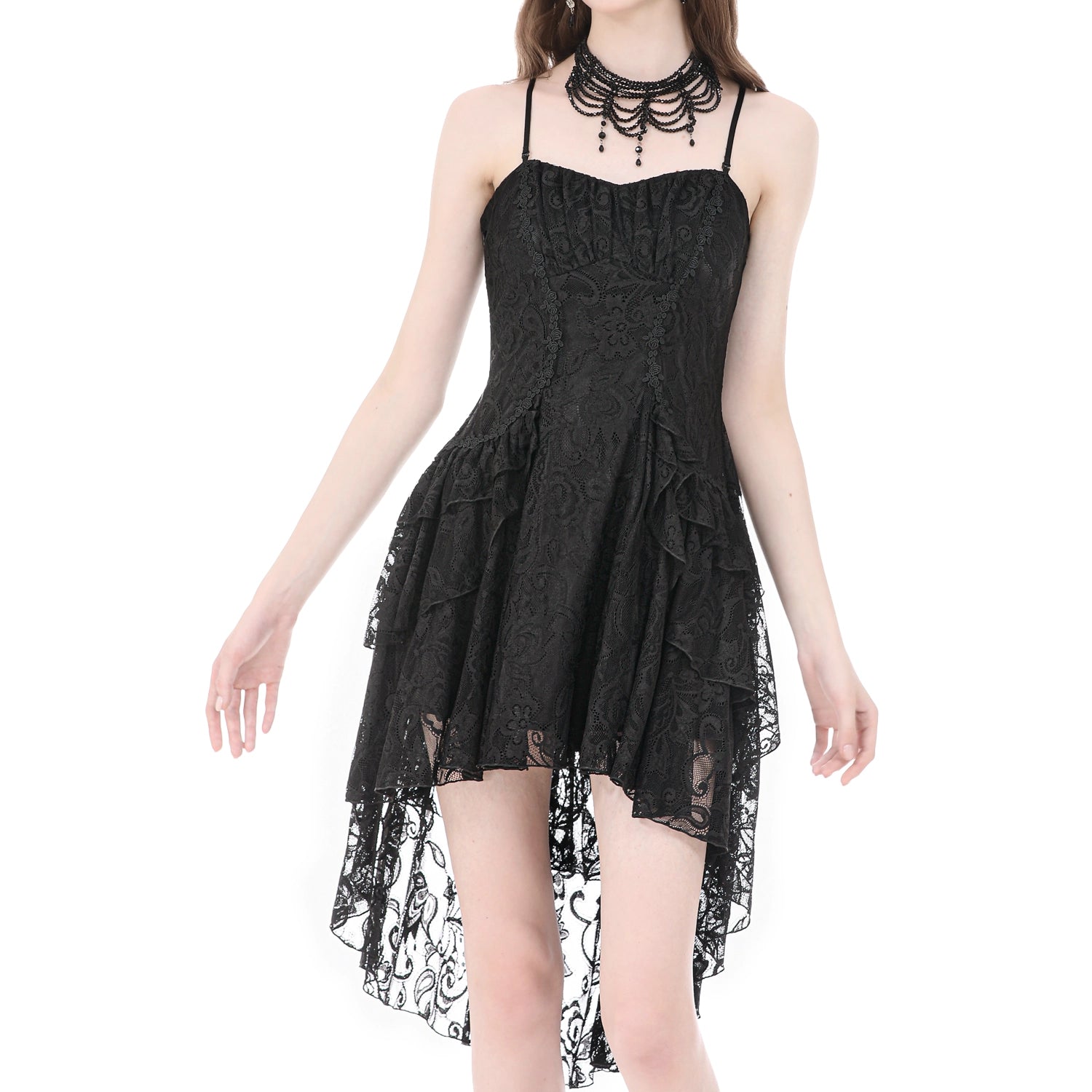 Vestido Gótico Asimétrico de Encaje con Espalda Corsé