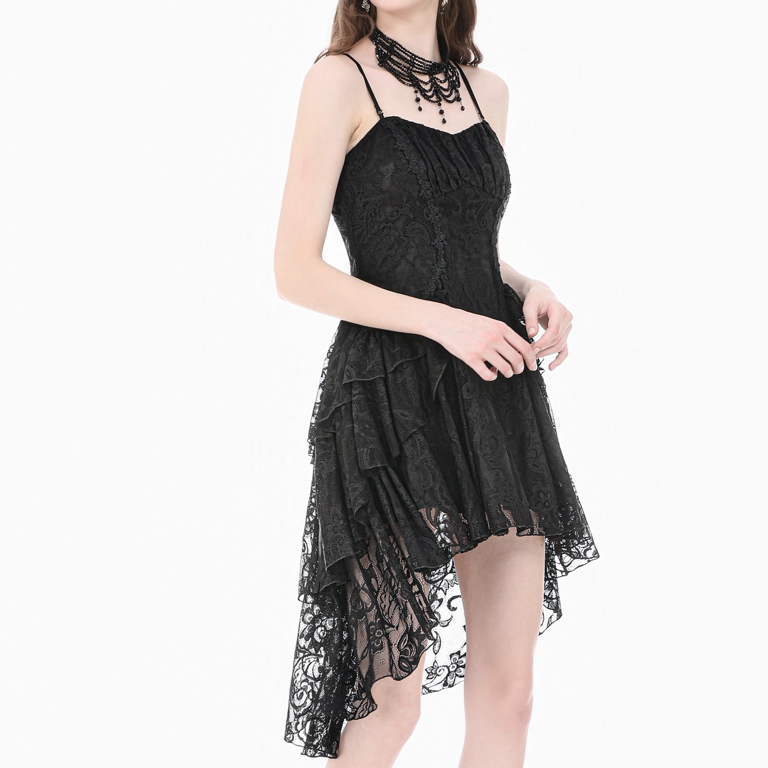 Vestido Gótico Asimétrico de Encaje con Espalda Corsé