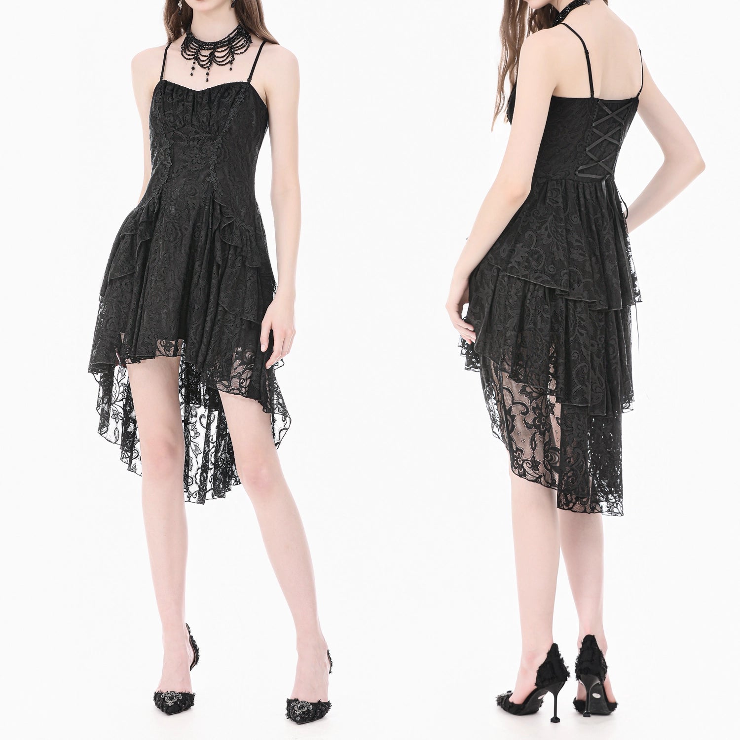 Vestido Gótico Asimétrico de Encaje con Espalda Corsé