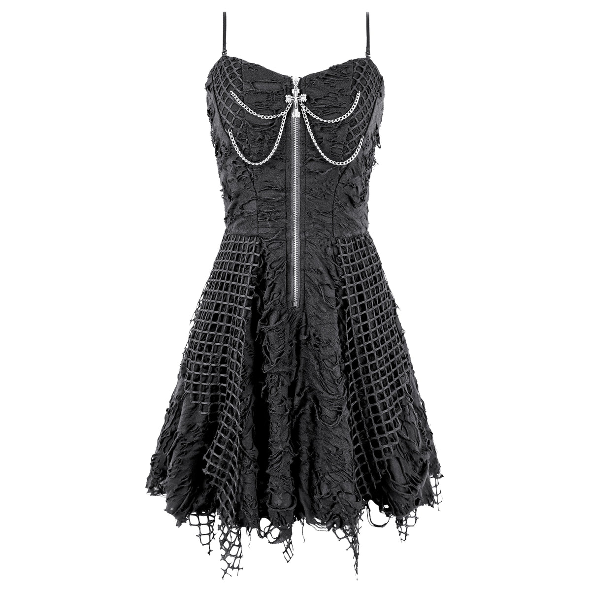 Vestido Mini Punk Negro con Efecto Rasgado, Rejilla y Cadenas, vista frontal