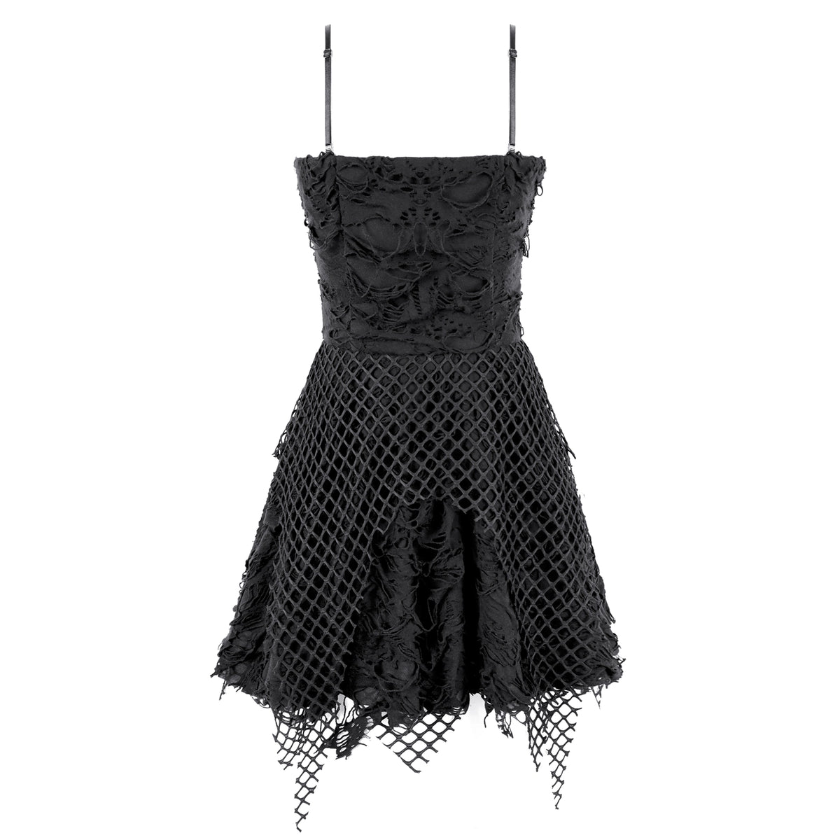 Vestido Mini Punk Negro con Efecto Rasgado, Rejilla y Cadenas, vista trasera