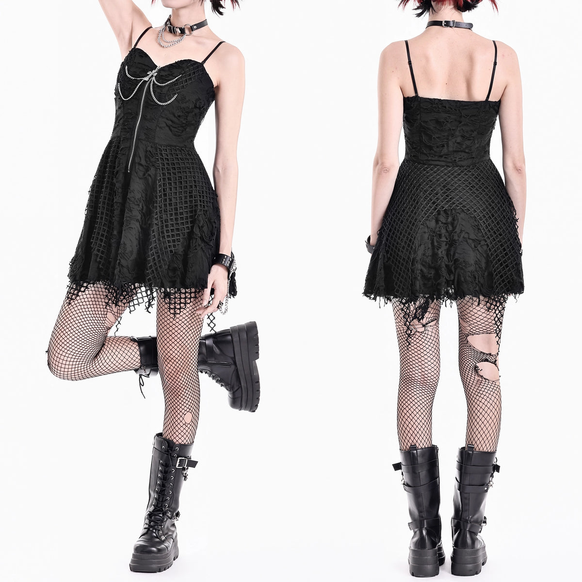 Vestido Mini Punk Negro con Efecto Rasgado, Rejilla y Cadenas, puesto en modelo, foto 7
