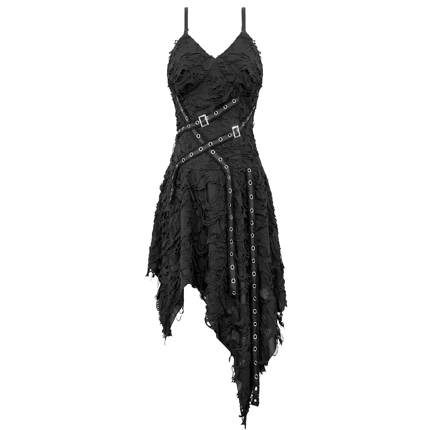 Vestido Gótico Asimétrico Roto con Correas y Hebillas