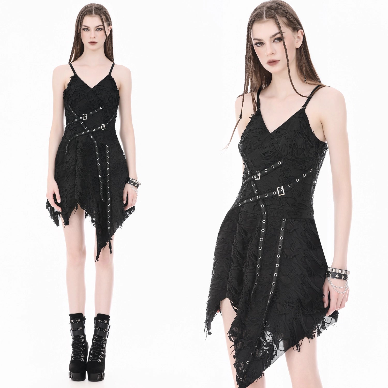 Vestido Gótico Asimétrico Roto con Correas y Hebillas