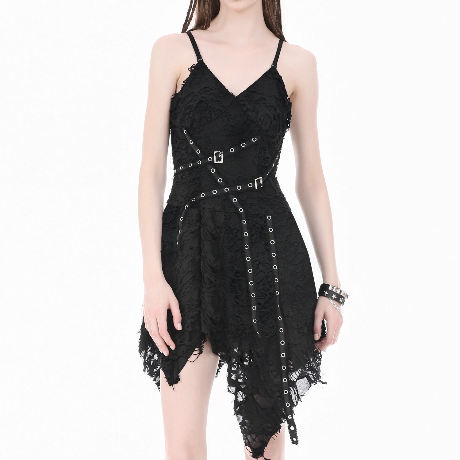 Vestido Gótico Asimétrico Roto con Correas y Hebillas