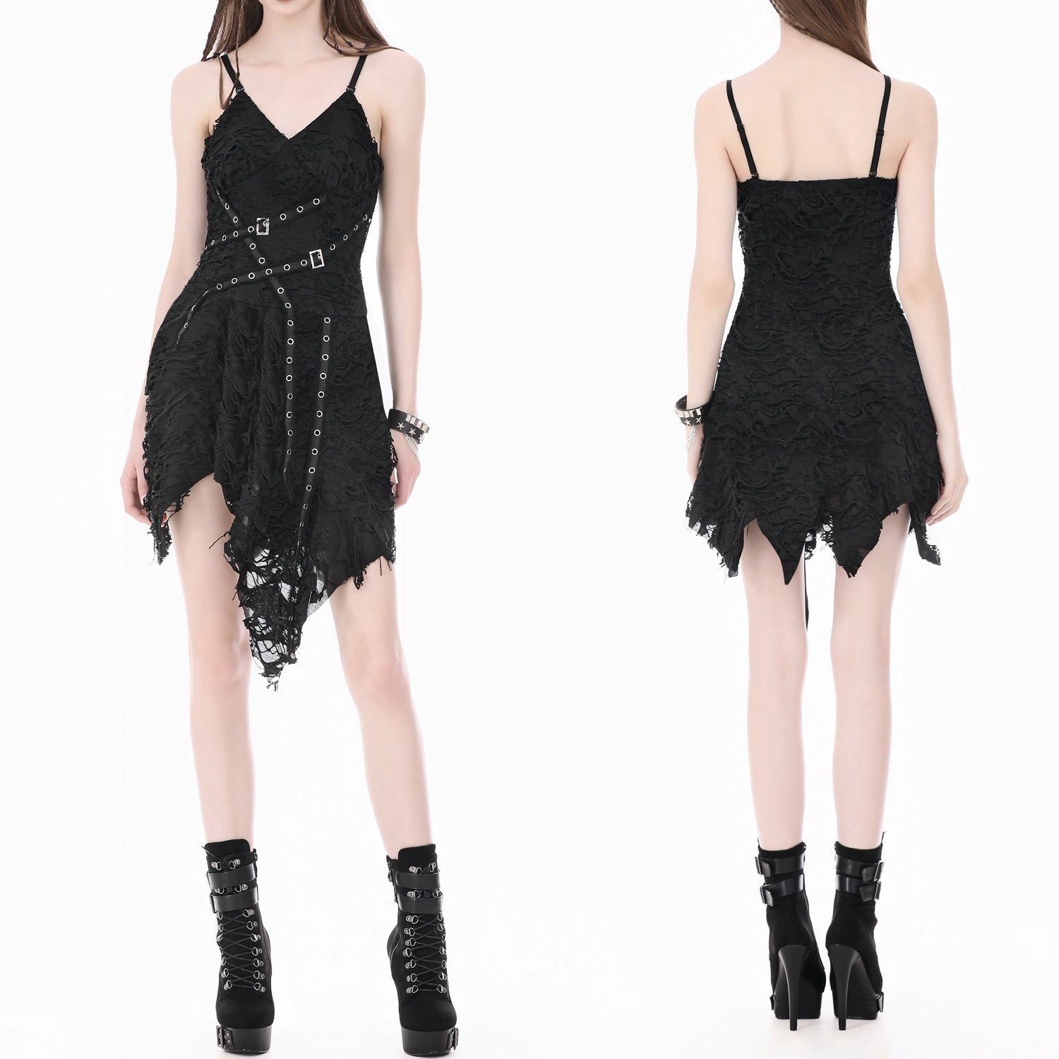 Vestido Gótico Asimétrico Roto con Correas y Hebillas