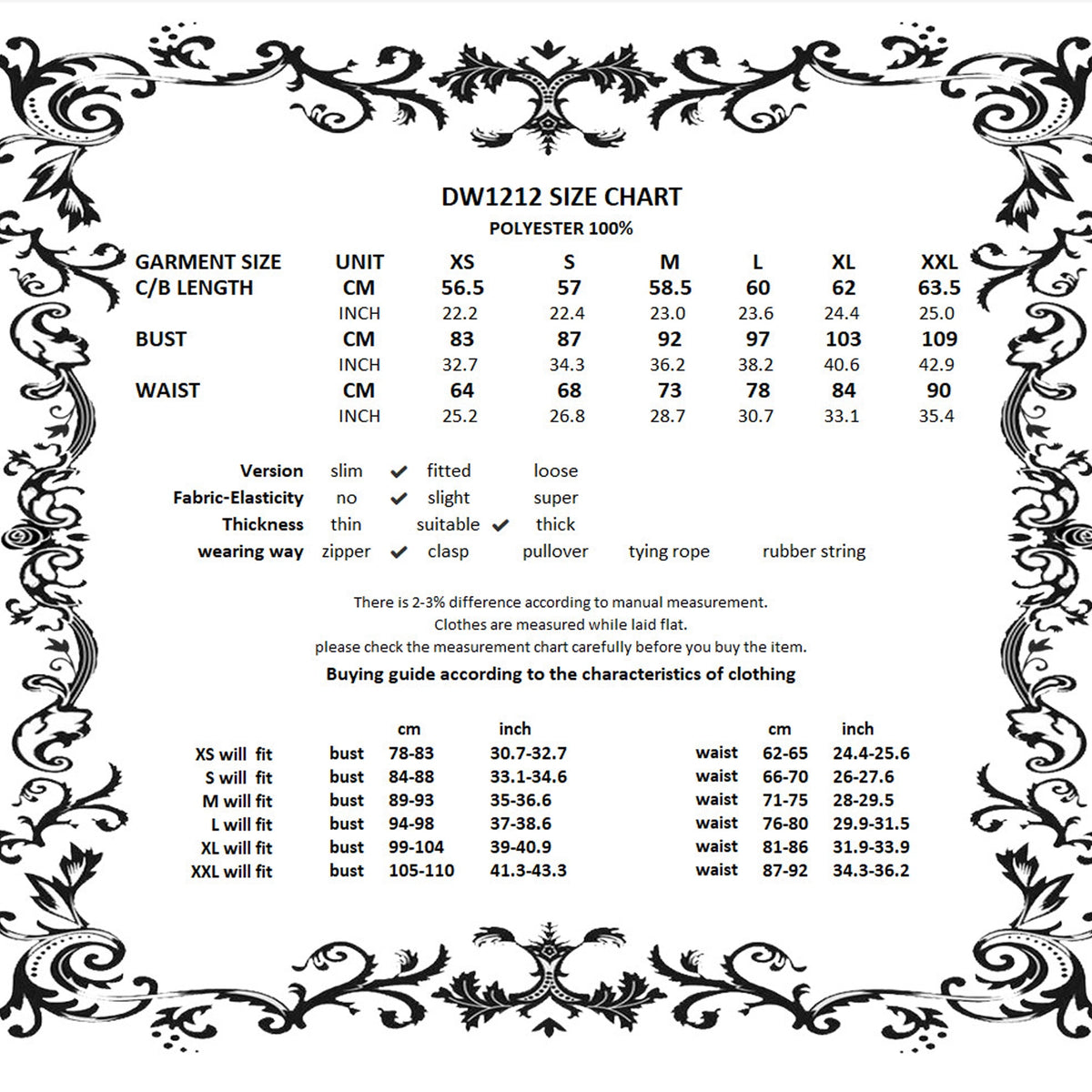 Tabla de tallas del vestido DW1212
