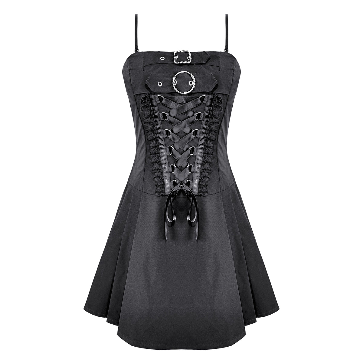 Vestido negro mini punk puesto, vista frontal