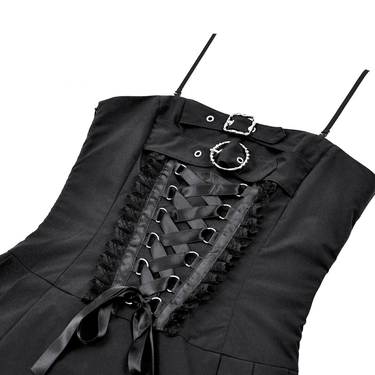 Vestido negro mini punk puesto, cuerpo entero