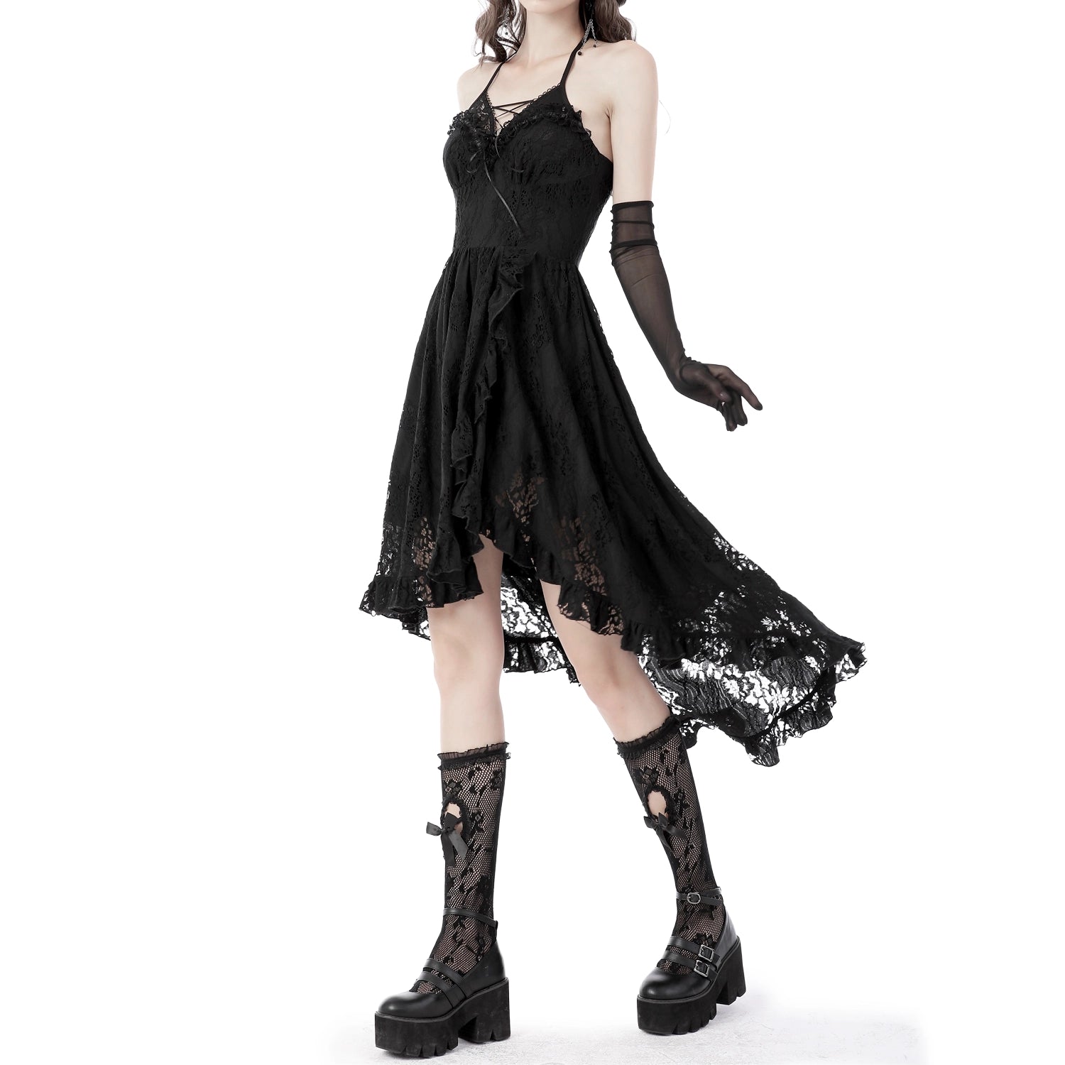 Vestido Asimétrico de Encaje con Escote Halter