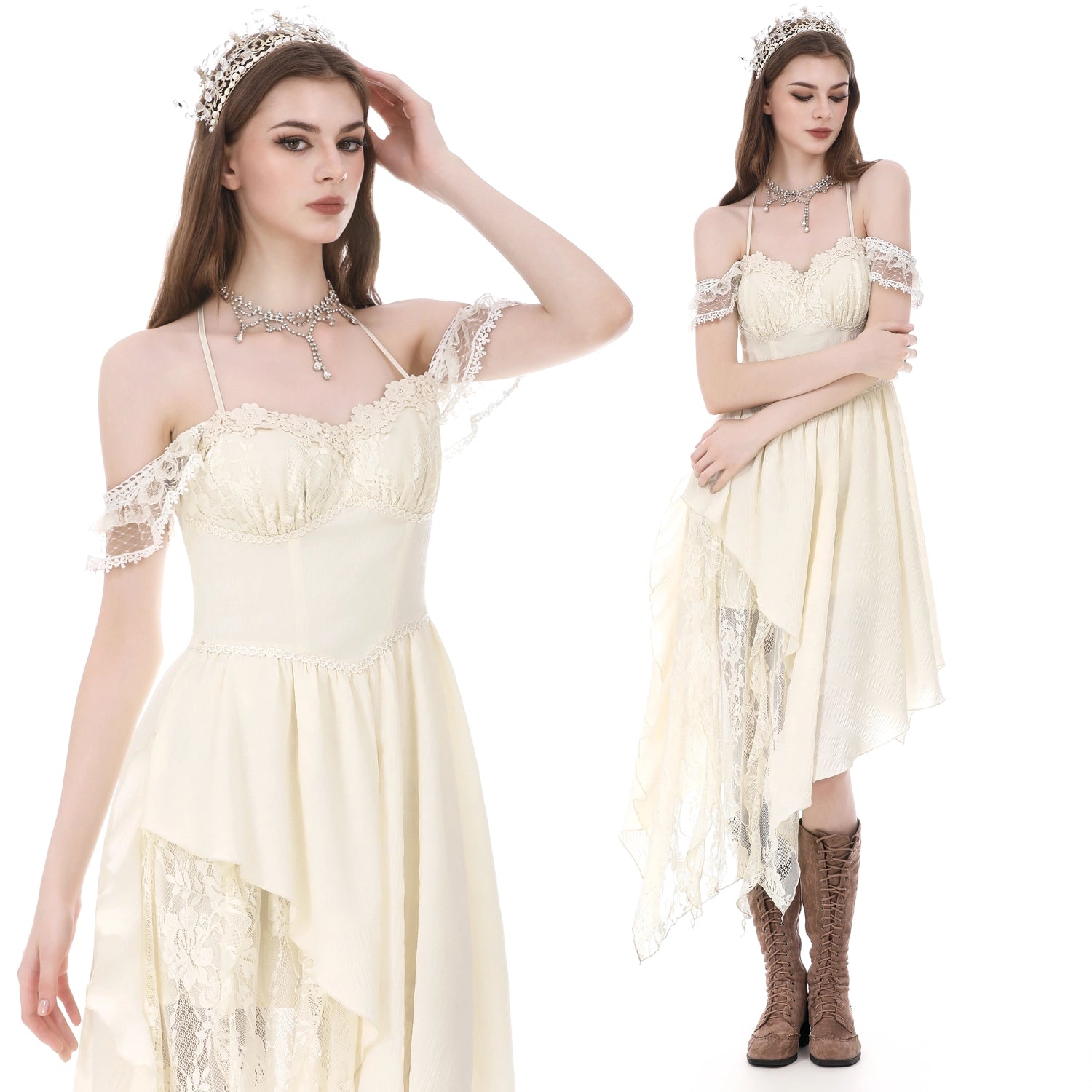 Vestido Marfil Asimétrico Fairycore de Encaje y Corsé