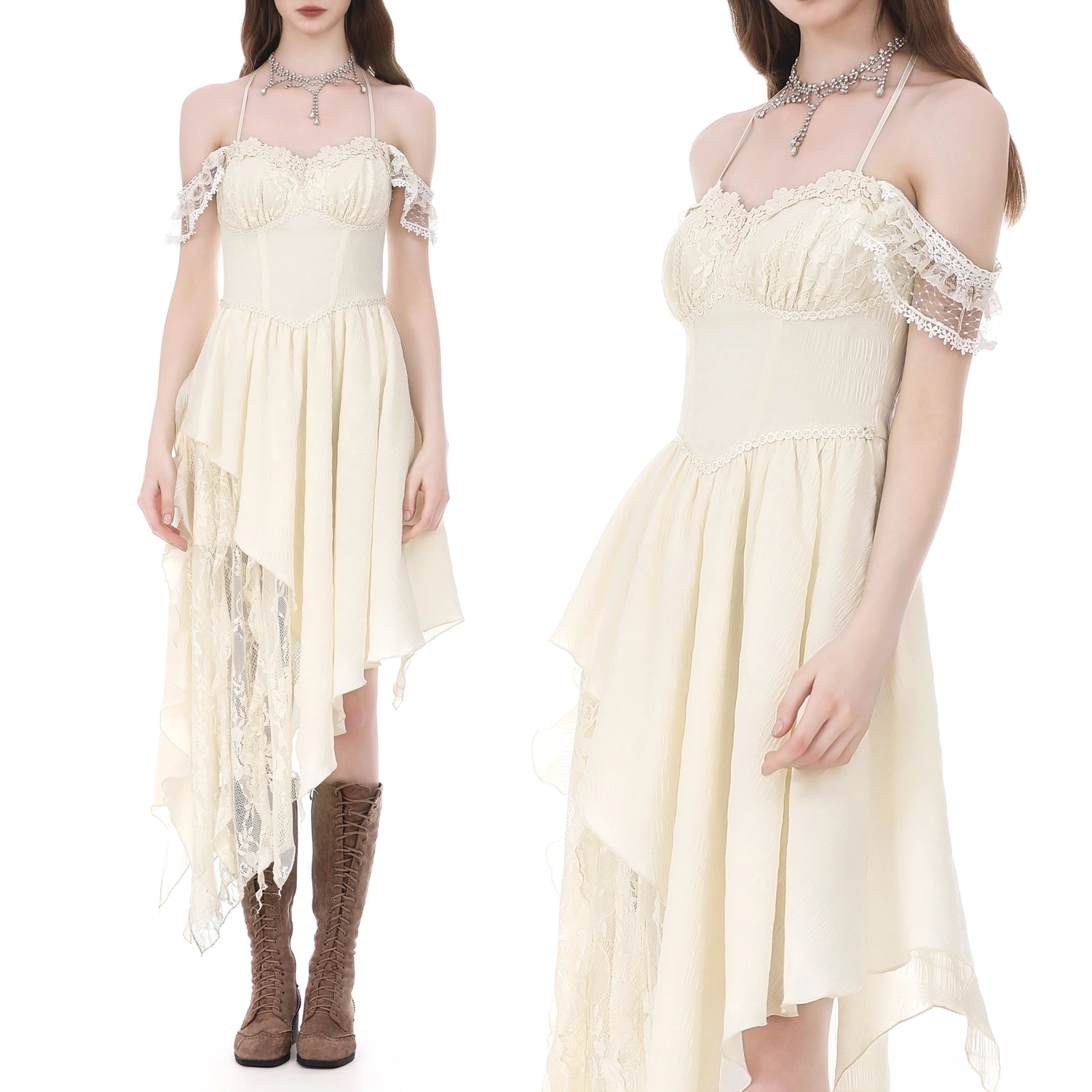 Vestido Marfil Asimétrico Fairycore de Encaje y Corsé