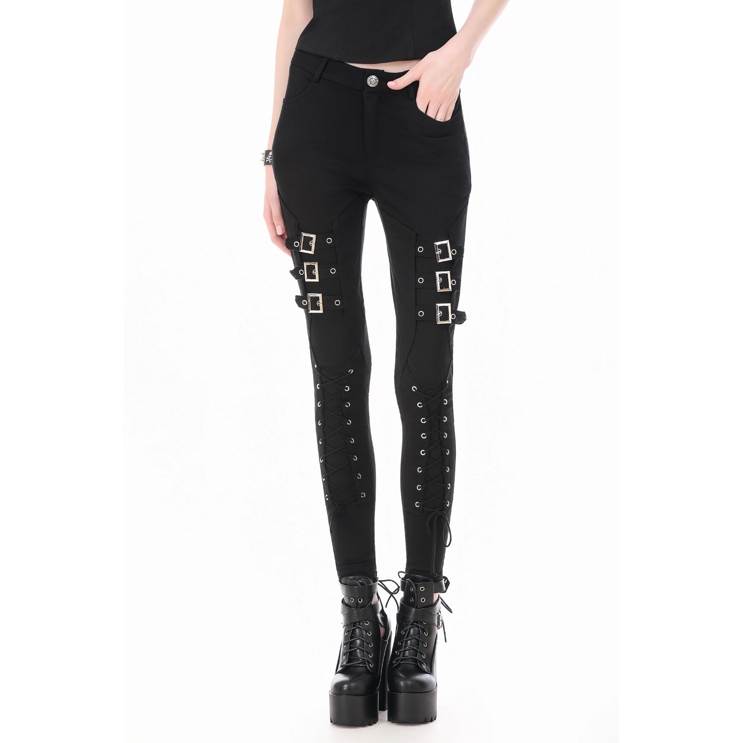 Pantalones Góticos Pitillo con Hebillas y Acordonado