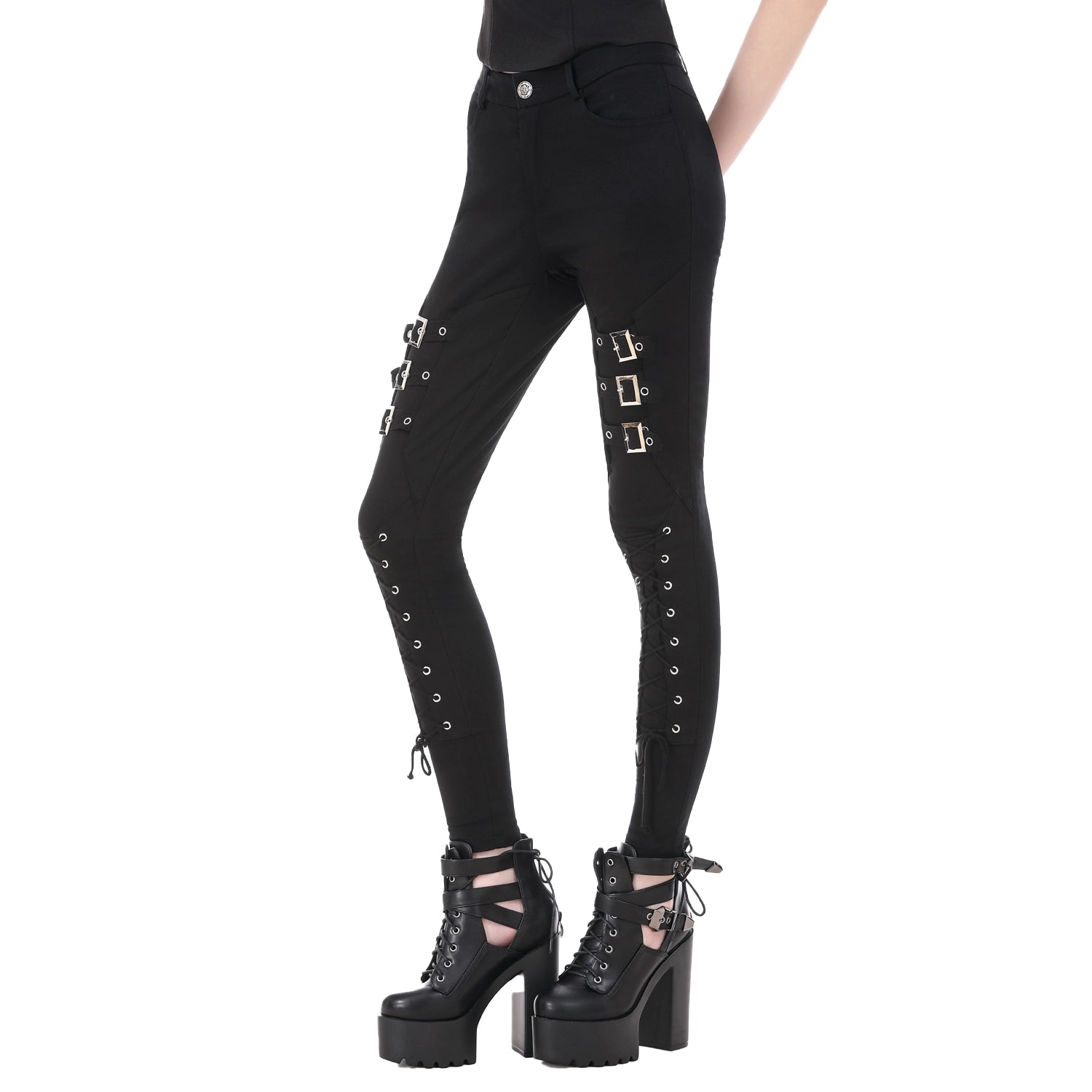 Pantalones Góticos Pitillo con Hebillas y Acordonado