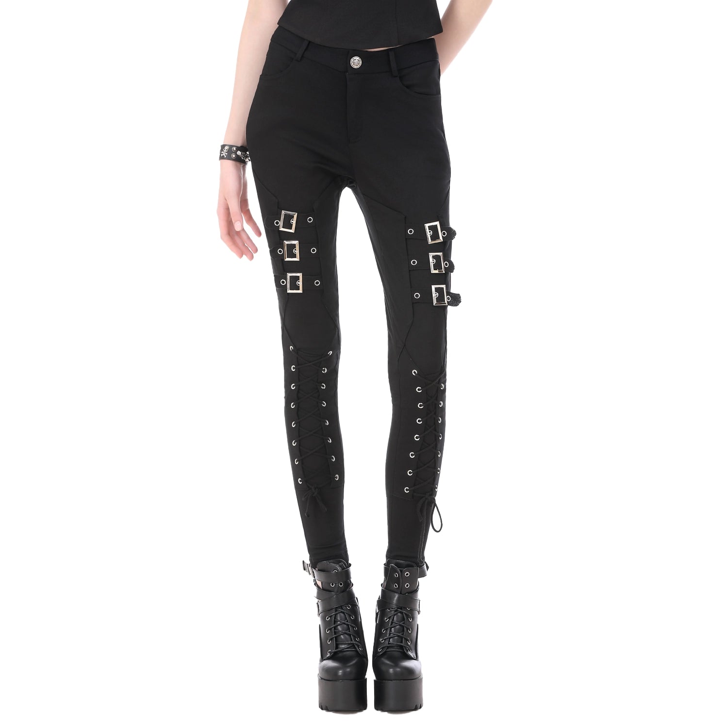 Pantalones Góticos Pitillo con Hebillas y Acordonado