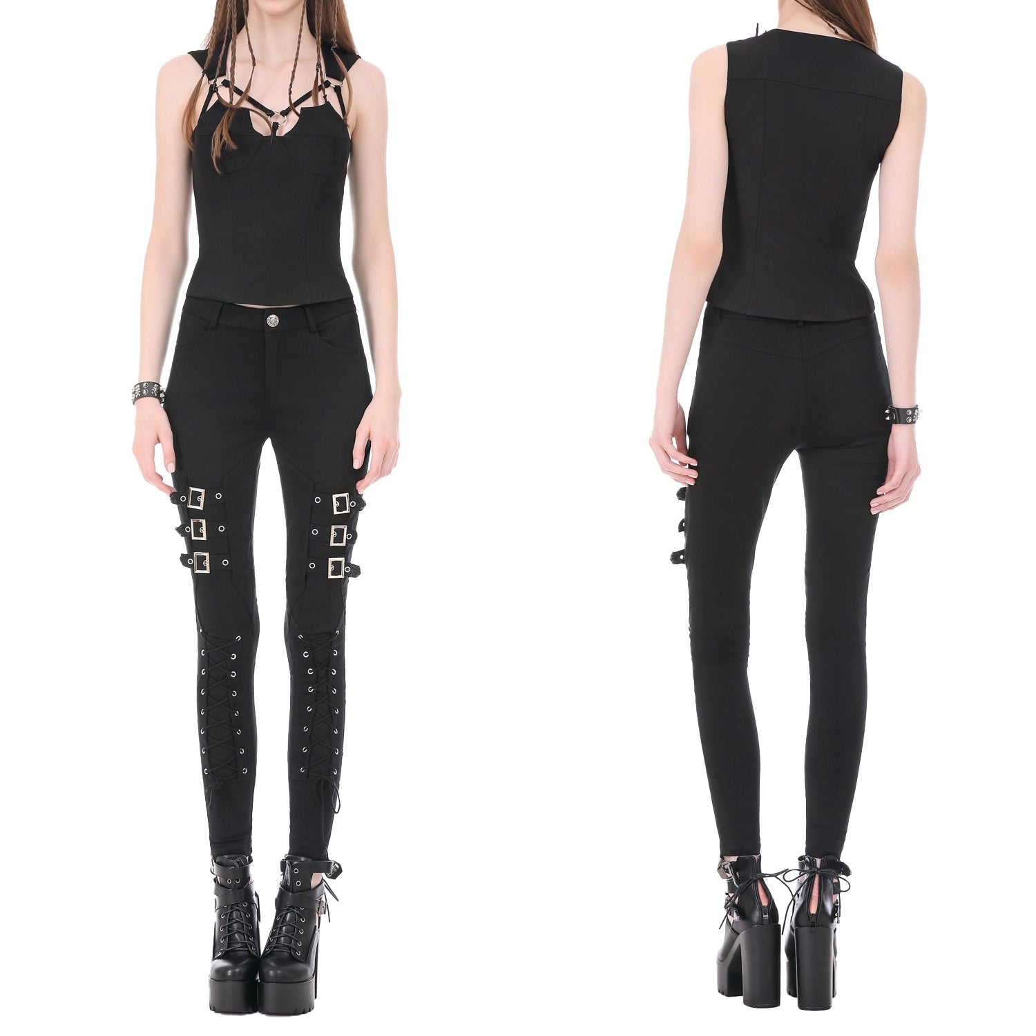 Pantalones Góticos Pitillo con Hebillas y Acordonado
