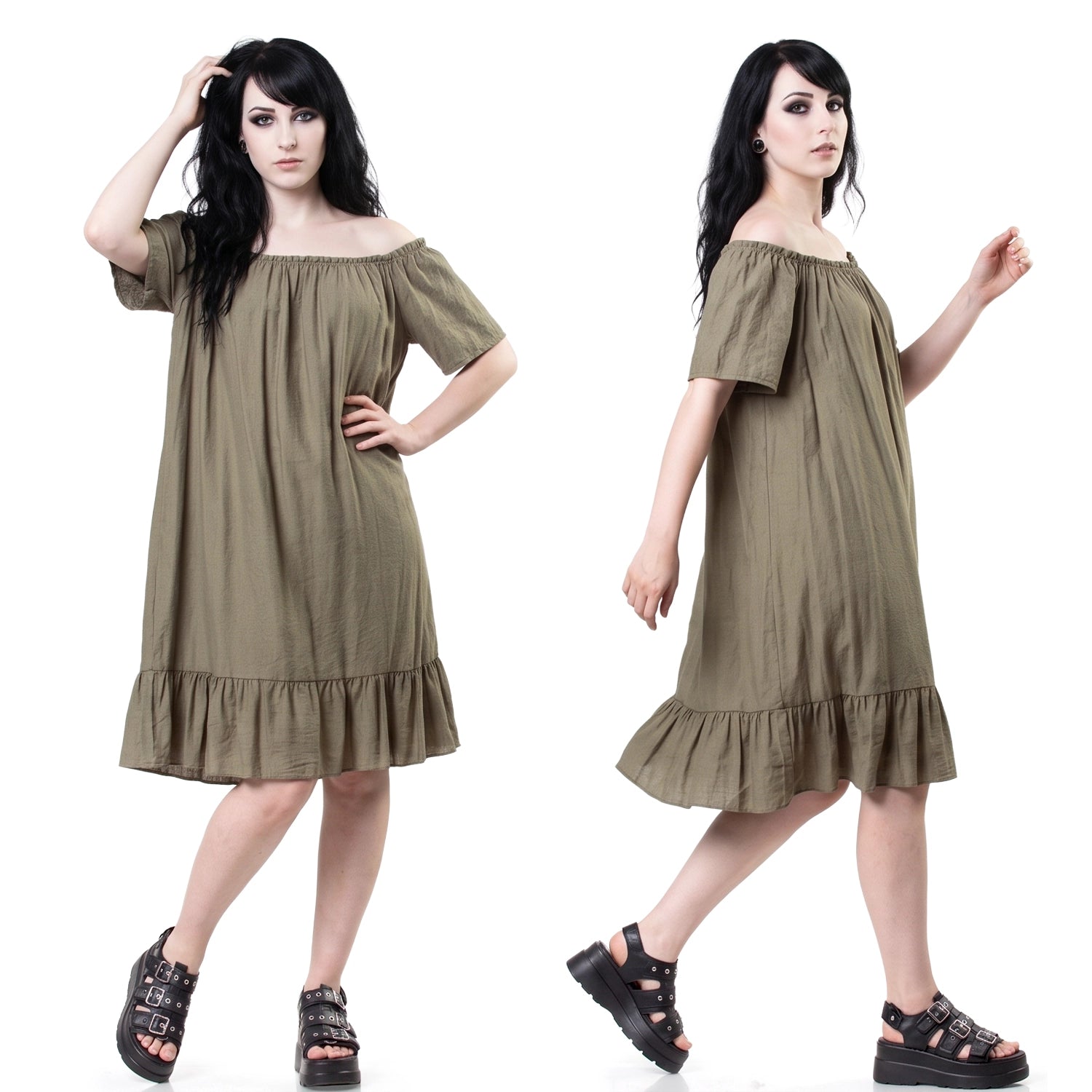 Vestido Midi Verde Khaki Volante
